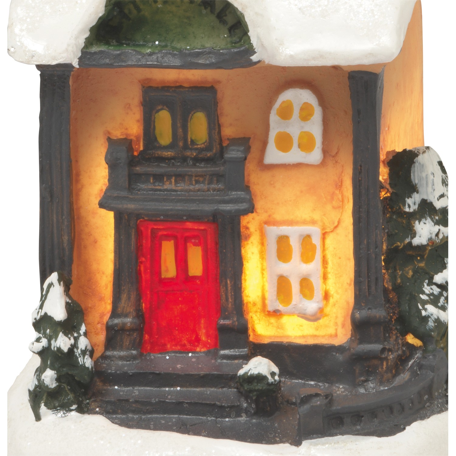 Beleuchtetes Deko Weihnachtshaus mit roter Tür, Teil der 4-fach sortierten Weihnachtsdekoration.