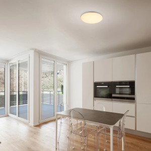 Runde, silberfarbene LED Deckenleuchte DORI mit opalweißem Diffusor in modernem Küchenambiente.