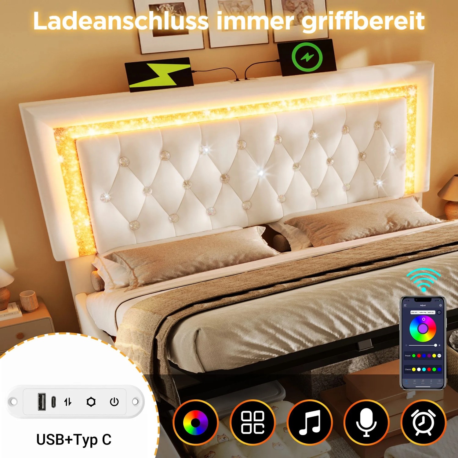 okwish Polsterbett 140x200cm mit LED Stauraum Jugendbett Beige ohne Matratze_8