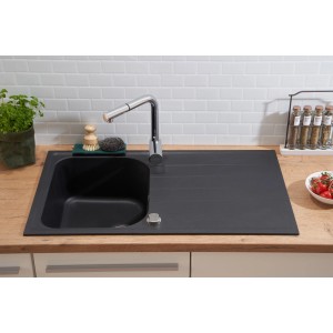 Respekta Orlando Massivgranit-Einbauspüle, 86x50 cm, Schwarz, mit Abtropffläche. Küchenspüle für moderne Küchen.