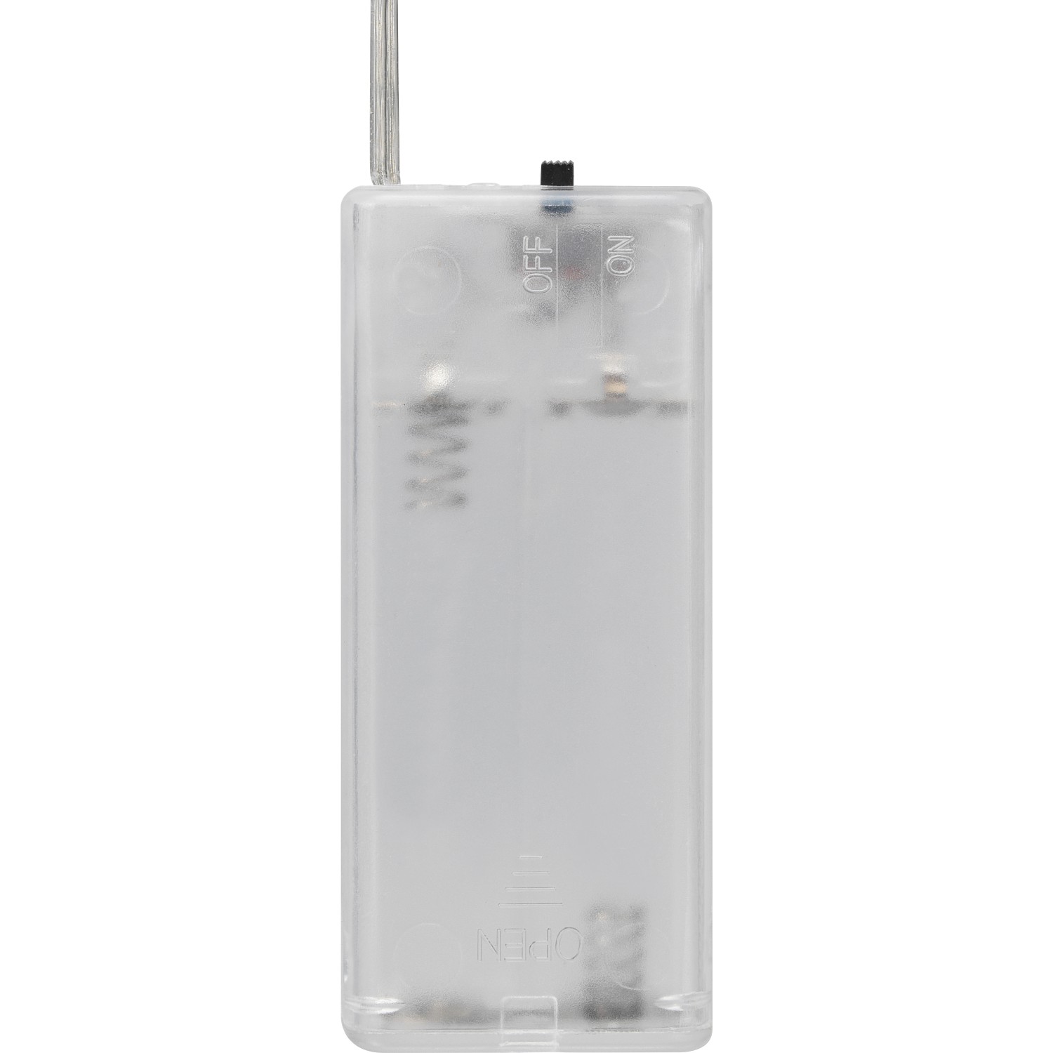 Batteriebox der LED-Lichterkette mit transparentem Kabel und Schalter.