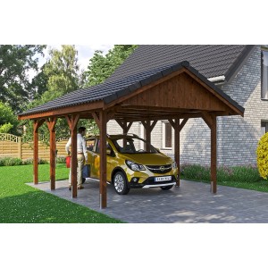 Satteldach-Carport Wallgau in Nussbaum mit Auto und Dachlattung.