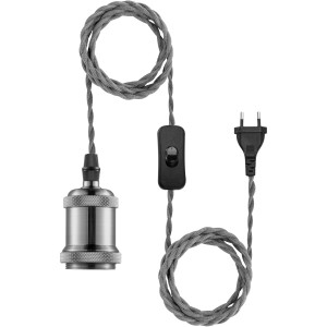 Kabel-Set Hold it in Stahl-Optik mit E27 Fassung, Stecker und Schalter für Pendelleuchten.