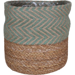Runder Pflanzkorb aus Seegras/Jute in Salbei-Natur, Ø 14 cm, im Boho-Stil.