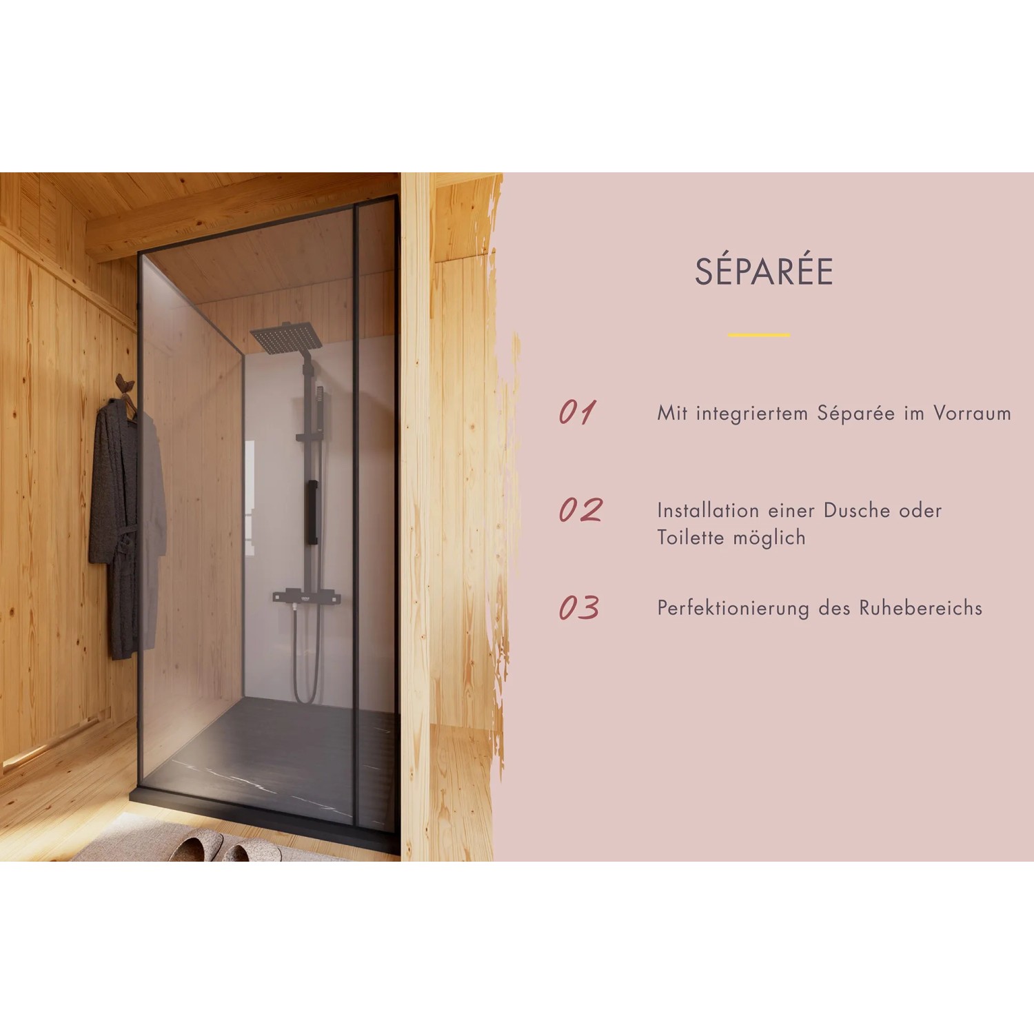 Karibu Saunahaus Huelva: Séparée mit Duschmöglichkeit im Vorraum der Sauna.