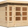 Unbehandeltes Karibu Holz-Gartenhaus Kastberg mit Flachdach und Doppeltür, naturbelassen.