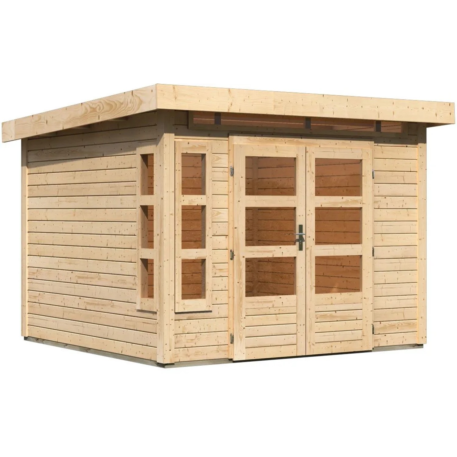Unbehandeltes Karibu Holz-Gartenhaus Kastberg mit Flachdach und Doppeltür, naturbelassen.