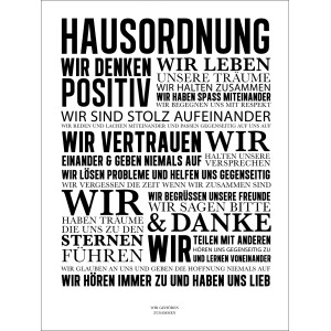 Leinwandbild mit dem Spruch "Hausordnung", schwarz-weiß, 77x57 cm.