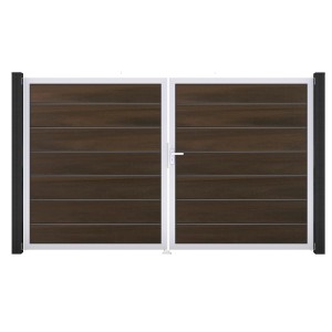 GroJa Grande Steckzaun Tor Premium DIN Links EV1 Walnuss, 2-flügelig mit Alu-Rahmen.