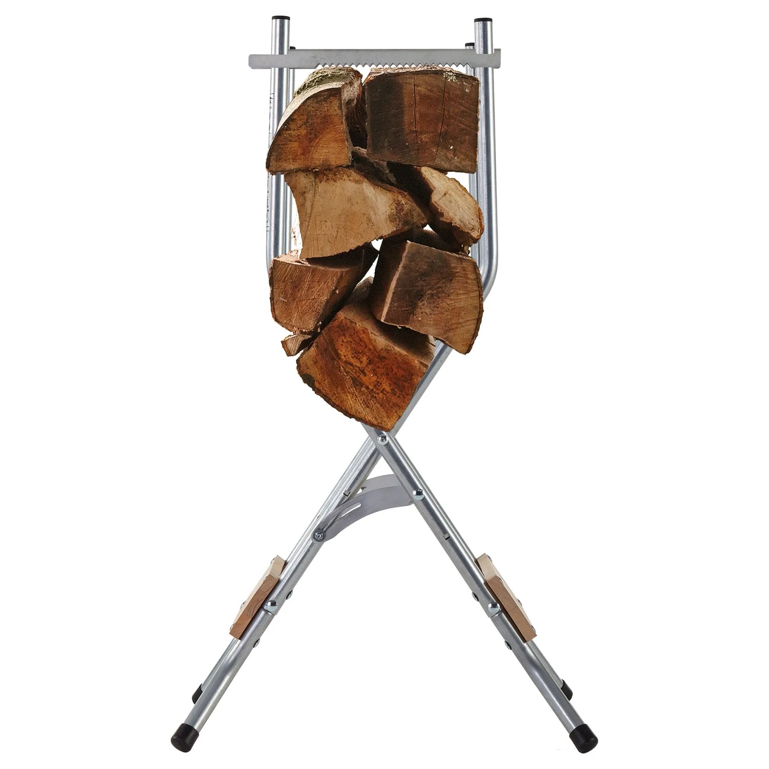 wolfcraft Sägebock SB 60 klappbar mit Holzscheiten, ideal zum Sägen von Brennholz.