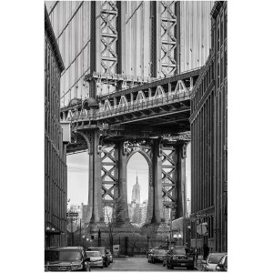 Schwarz-weißes Wandbild: Brooklyn Bridge mit Blick auf das Empire State Building.