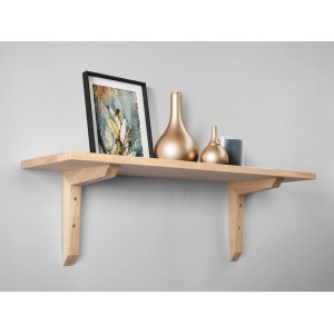 Wandregal mit Eichenholz-Konsole (22,5x18 cm) mit Deko an grauer Wand.