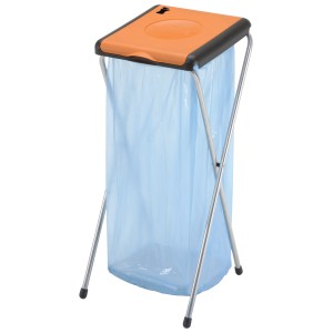 Müllsackständer Nature I mit blauem Müllsack, Stahlrahmen und farbig sortiertem Deckel.