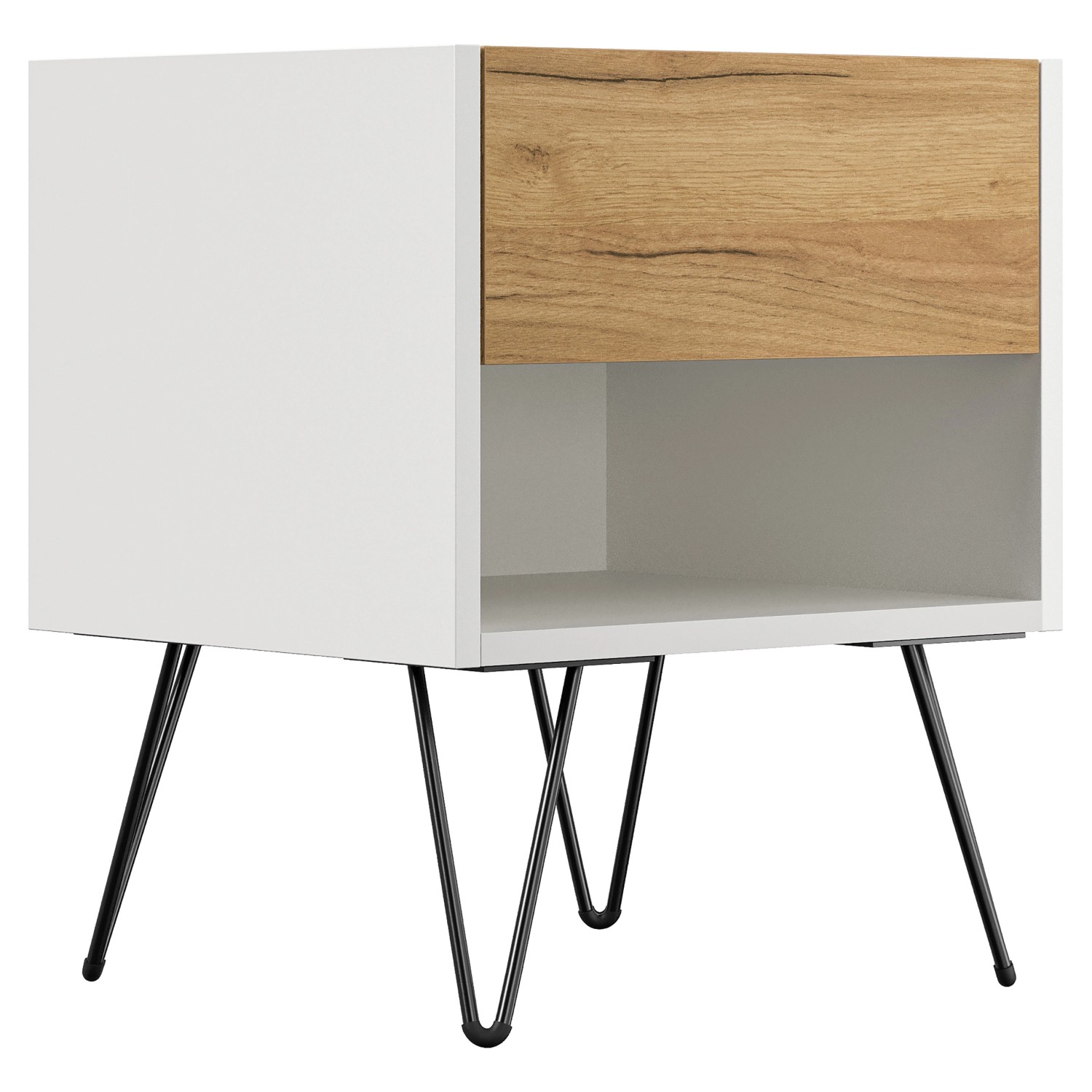 Posseik Nachttisch-Set Industrial B, 2-teilig, weiß/Eiche, mit schwarzen Metallfüßen.