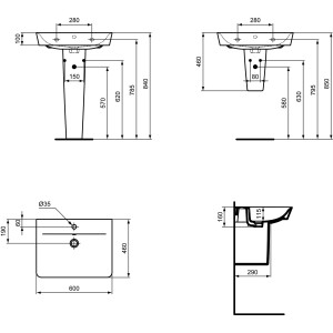 Technische Zeichnung Ideal Standard Connect Air Waschtisch, 60 cm, alpinweiß, mit Maßangaben.