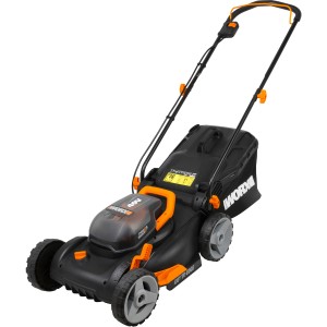 Worx Akku-Rasenmäher WG743E mit 40 cm Schnittbreite, 2x20V PowerShare Akku und Grasfangkorb.