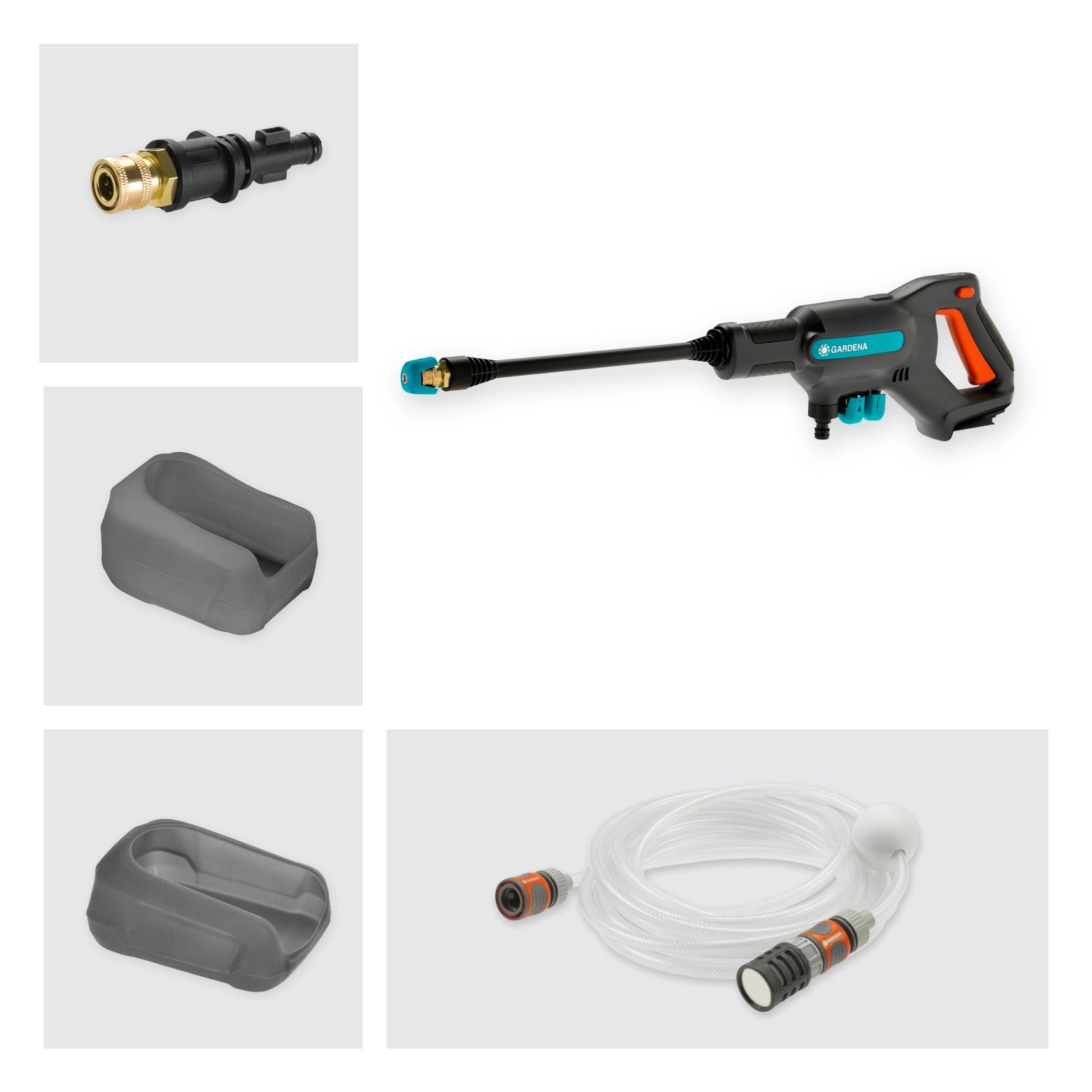 Gardena AquaClean 24/18V Akku-Mitteldruckreiniger Solo mit Zubehör wie Düsen und Schlauch.