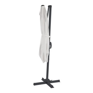 Geschlossener, anthrazitfarbener Axi Ampelschirm Coco (200x300 cm) mit beigem Schirm und Kreuzfuß.