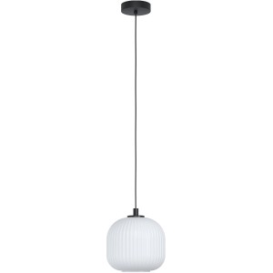 Eglo Pendelleuchte Mantunalle, schwarz-weiß, mit geriffeltem Glasschirm im Retro-Design.