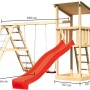 Karibu Spielturm mit Pultdach, Doppelschaukel, Klettergerüst und roter Rutsche.