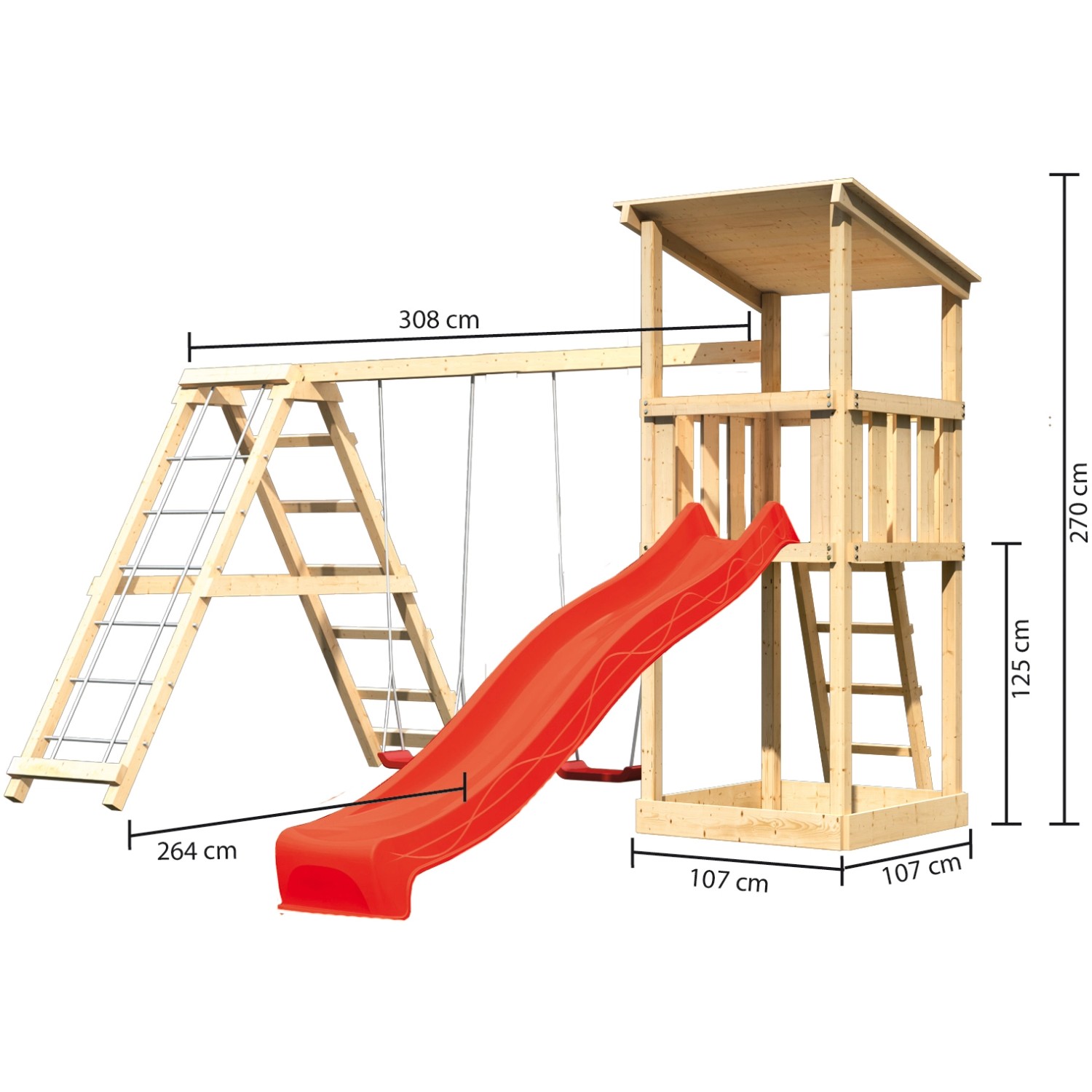 Karibu Spielturm mit Pultdach, Doppelschaukel, Klettergerüst und roter Rutsche.