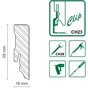 Profilzeichnung FN Neuhofer Sockelleiste SU153L Ahorn, 16x58 mm, mit Clip-System CH23.