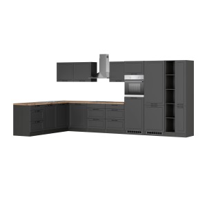 Graue Held Winkelküche Kempten (420 cm) mit E-Geräten und Arbeitsplatte in Holzoptik.