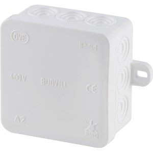 Weißer Abzweigkasten 70x70 mm mit 5 Anschlussmöglichkeiten für Aufputzmontage.