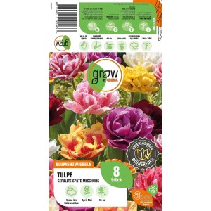 Verpackung GROW by OBI Tulpen, gefüllte späte Mischung, verschiedene Farben. Blumenzwiebeln für Beet und Garten.