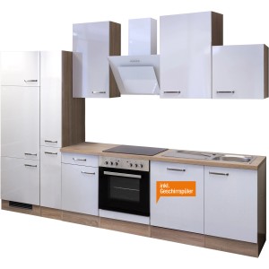 Küchenzeile Valero, 310 cm, Weiß Hochglanz/Sonoma Eiche, inkl. E-Geräte und Geschirrspüler.