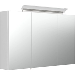 Posseik Spiegelschrank, 100 cm breit, weiß, mit drei Spiegeltüren und Aufsatzleuchte.
