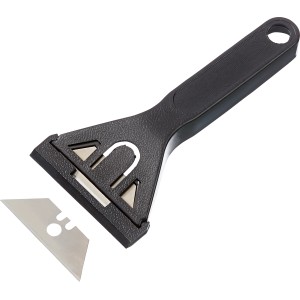 LUX Glasschaber mit schwarzem Griff und Ersatzklinge zum Entfernen von Rückständen.