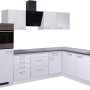 Moderne Flex-Well Winkelküche Lucca, 280 cm, Weiß/Caledonia mit E-Geräten und Spüle.