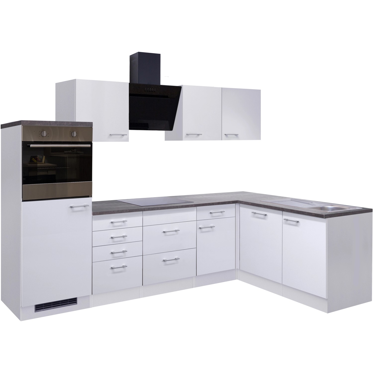 Moderne Flex-Well Winkelküche Lucca, 280 cm, Weiß/Caledonia mit E-Geräten und Spüle.