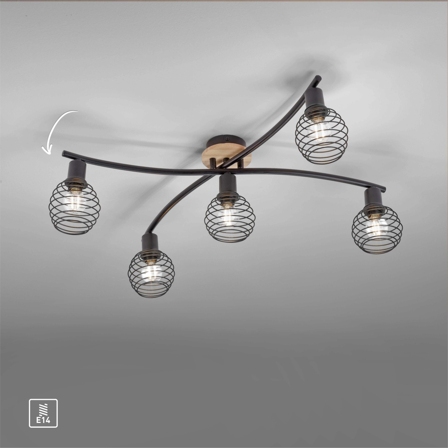 Just Light Spot Eugen, fünfflammige Deckenleuchte mit Holz-Natur Dekor und schwarzen Spots.