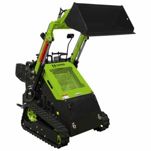 Grün-schwarzer Zipper Minikompaktlader ZI-MKL720 mit Kettenantrieb und Schaufel für Bauarbeiten.