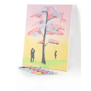 Leinwandbild mit Baum, gemalt mit Edding 5100 Acrylmarker Pastellgelb, und Acrylmarker im Vordergrund.