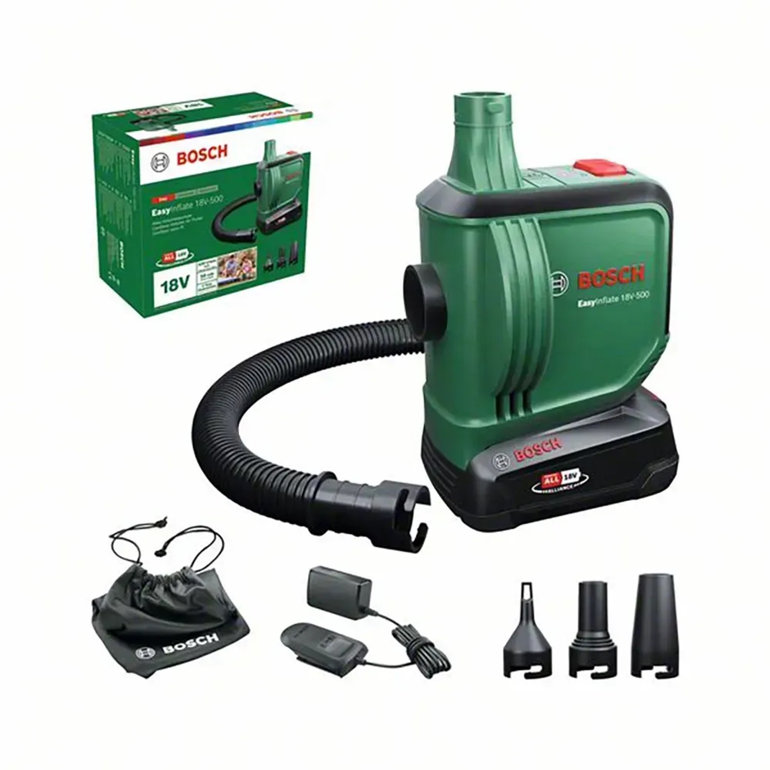 Bosch Akku-Luftpumpe EasyInflate 18V-500 mit Zubehör und Akku-Pack im Set.