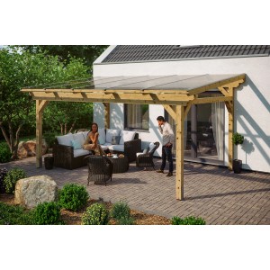 Freistehende Skan Holz Terrassenüberdachung Sanremo aus Leimholz mit Polycarbonatplatten.
