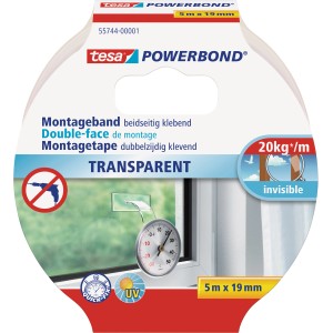 Tesa Powerbond Transparent Montageband, 5 m x 19 mm, für unsichtbare Verklebungen.