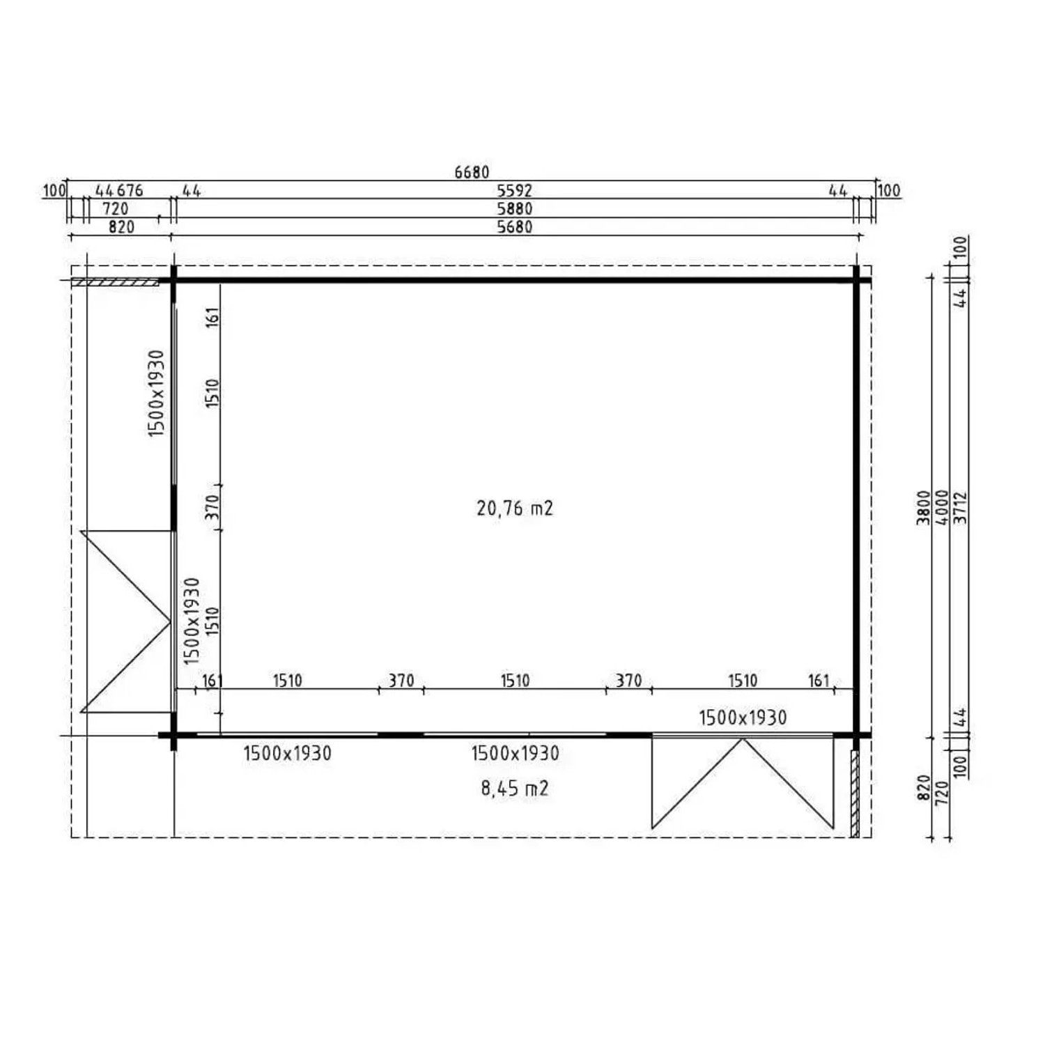 Grundriss Alpholz Gartenhaus Viva B, unbehandelt, 549x668cm, Flachdach. Details zu Maßen und Raumaufteilung.
