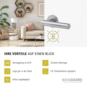 Novadoors Nova Mio Smart2Lock Türgriffgarnitur Edelstahl für Innentüren, rechts, mit roter Anzeige. Rosettenlos, kein Schlüsselloch.