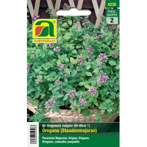 Austrosaat Oregano Saatgut, Staudenmajoran mit lila Blüten im Samentütchen.