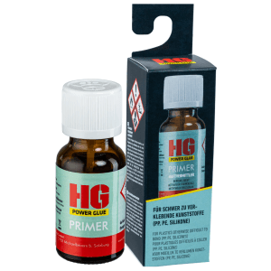 HG Power Glue Primer, 15ml Flasche mit Verpackung. Haftvermittler für schwer verklebbare Kunststoffe.