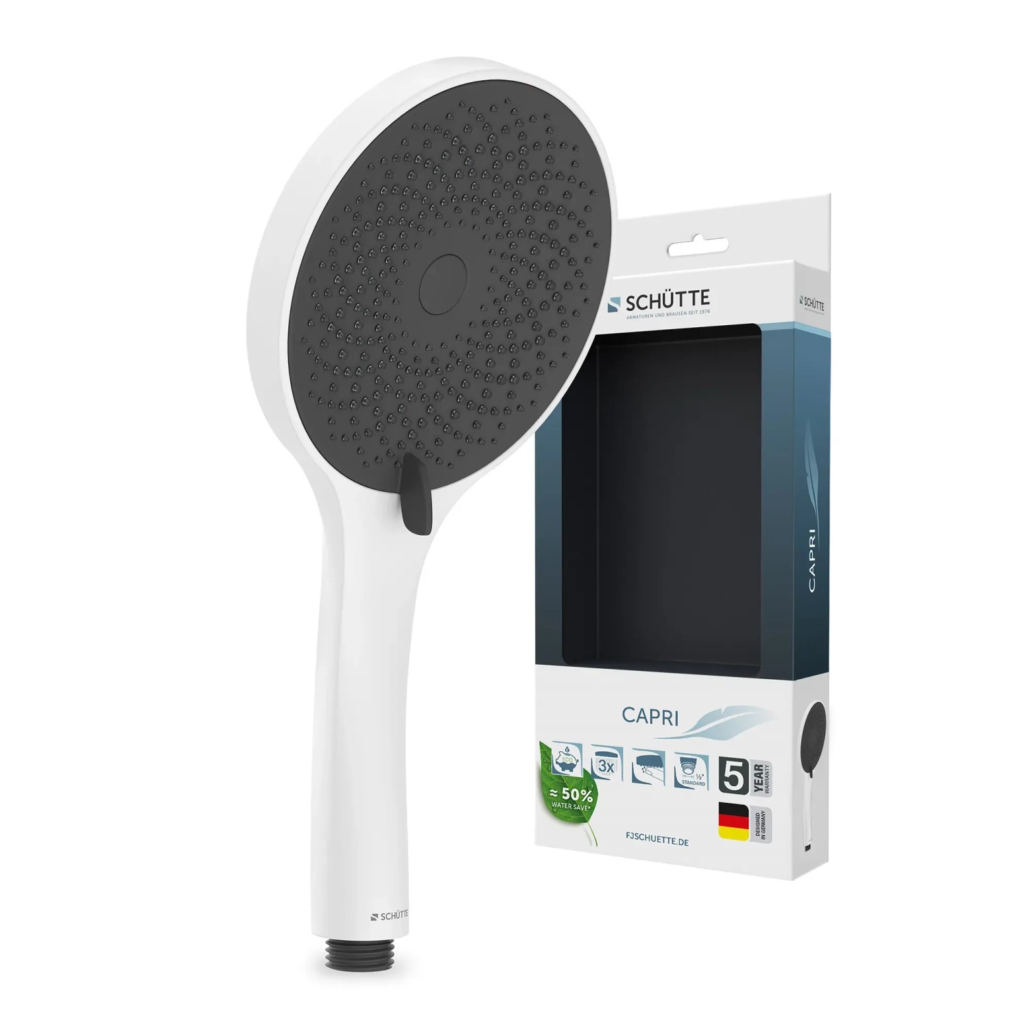 Schütte Handbrause Capri, weiß matt/anthrazit, 3 Strahlarten, mit Verpackung.