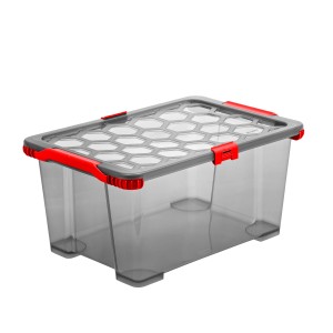 Transparente Rotho Aufbewahrungsbox Evo Total 44L mit rotem Griff und Deckel mit Wabenmuster.