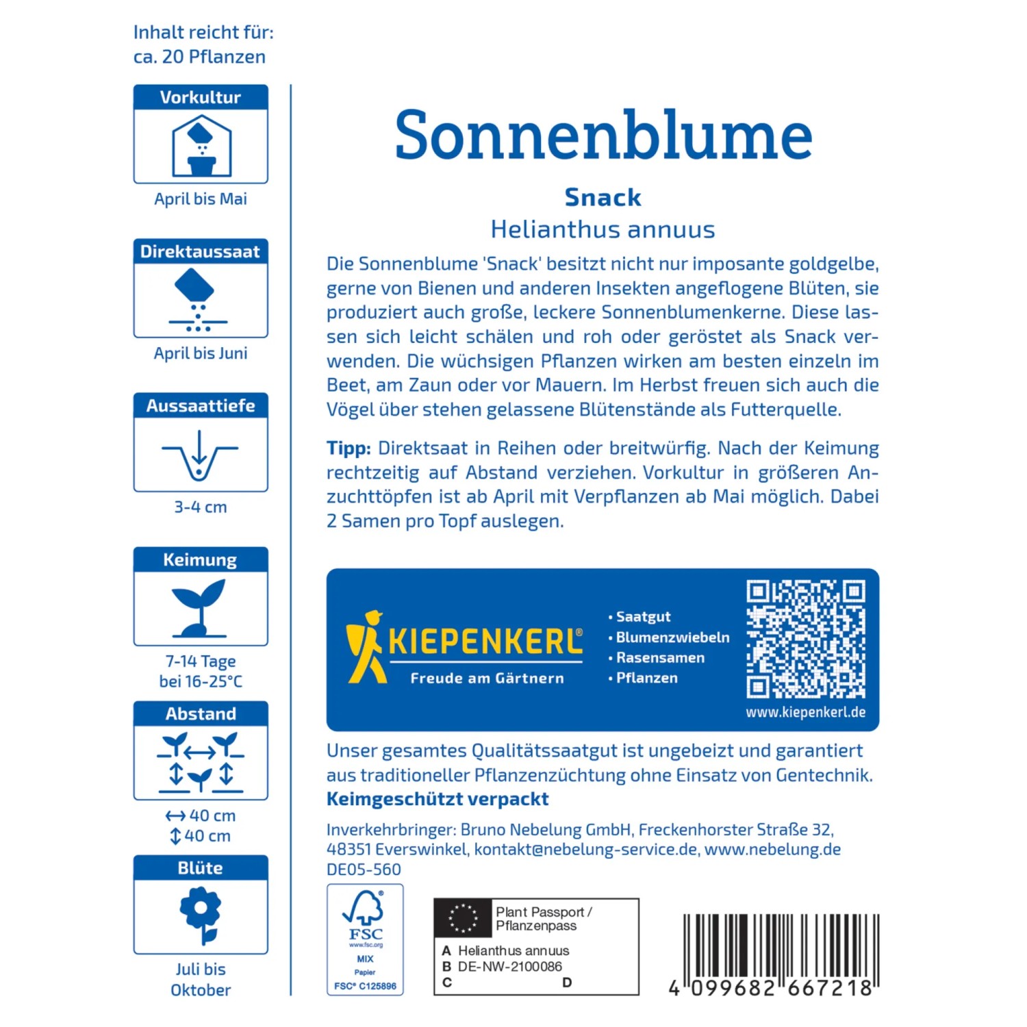 Kiepenkerl Sonnenblume Snack Saatgut Packung, gelbe Blüte. Blumensamen für Sonnenblumenkerne.