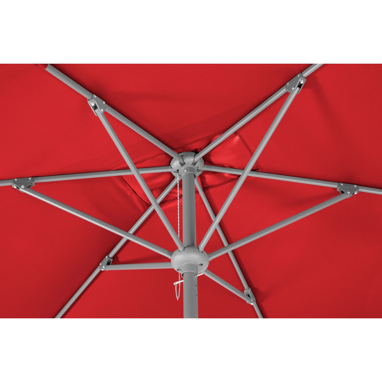 Detailansicht: Roter Schneider Marktschirm 300x200 cm mit Stahlgestell und Kurbel.