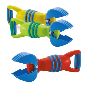 Hape Sandspielzeug Greifer in Gelb, Grün und Rot mit blauen Greifern für Outdoor-Spaß.