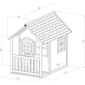 Skizze des Axi Alex Spielhaus in Braun-Weiß (191x137x178 cm) mit Veranda und Briefkasten.